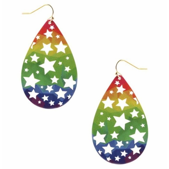 Boutique Jewelry - Rainbow multicolored perforated star design teardrop pierced goldtone earrings